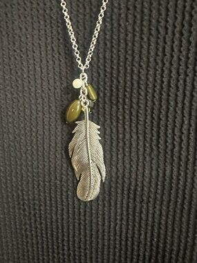 paparazzi Silver Feather Necklace with Olive and Cream Beads